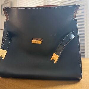 Tory Burch Black Leather Shoulder Bag with Gold Accents